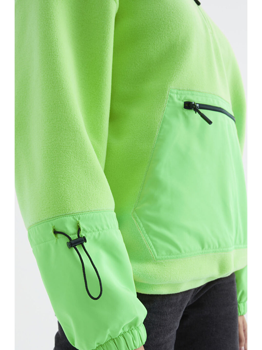 Neon Yeşil Etek Ucu Büzgülü Yarım Fermuarlı Oversize Kadın Polar Sweatshirt - 97238-4