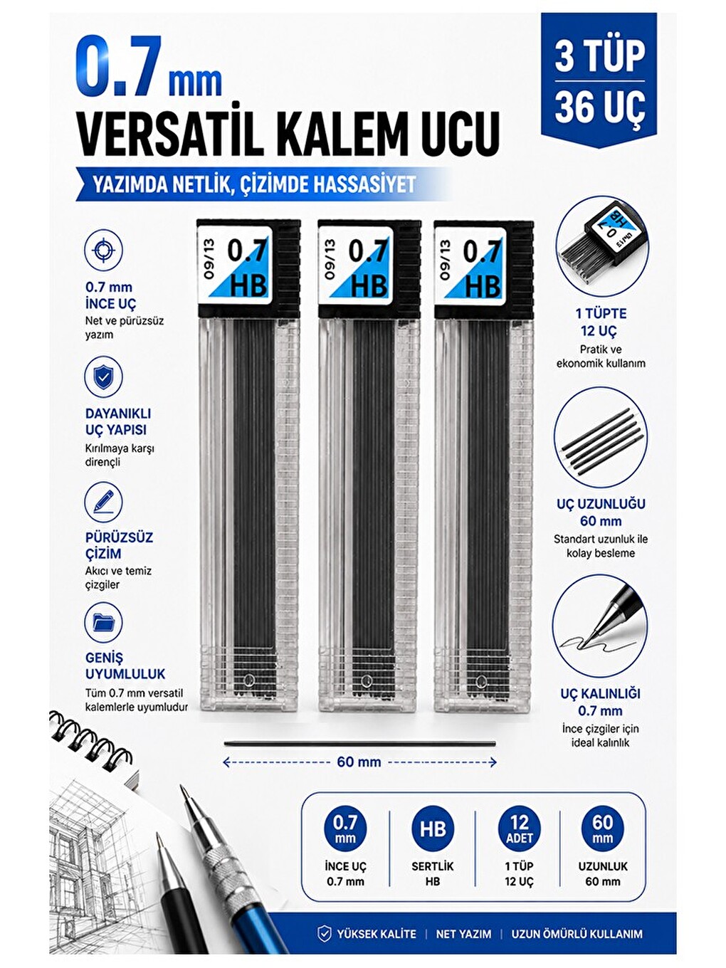 Kaliteli Kalem Ucu 12 Li 0.7 Mm Hb 3 Paket Tombow Versatil Kalem Uç Mekanik Uçlu Otomatik Kurşun Kal