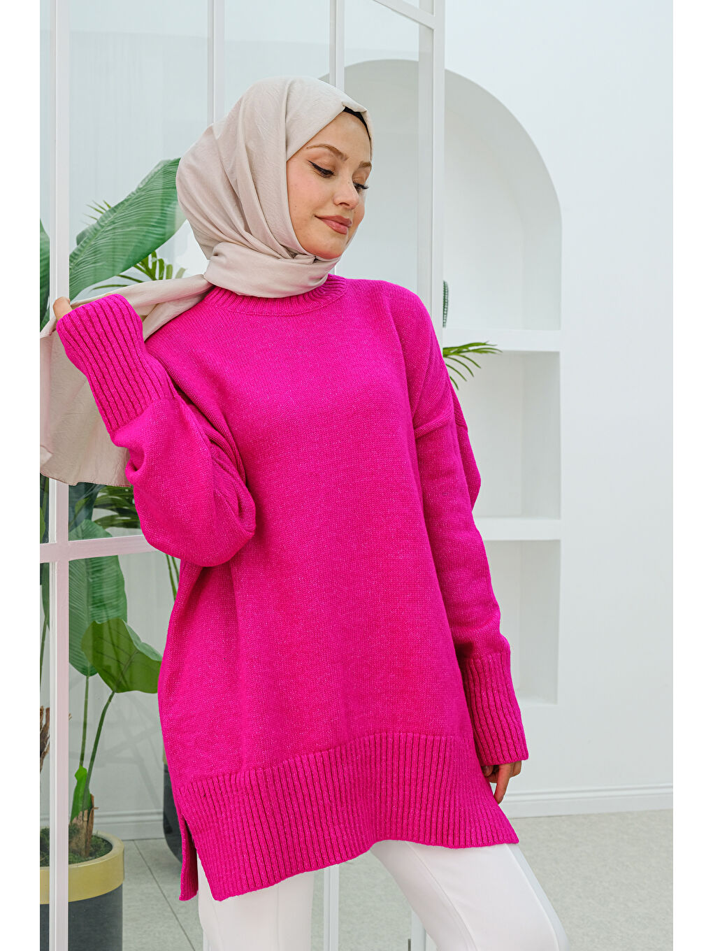 Locco Moda Yırtmaçlı Triko Kazak  Pembe