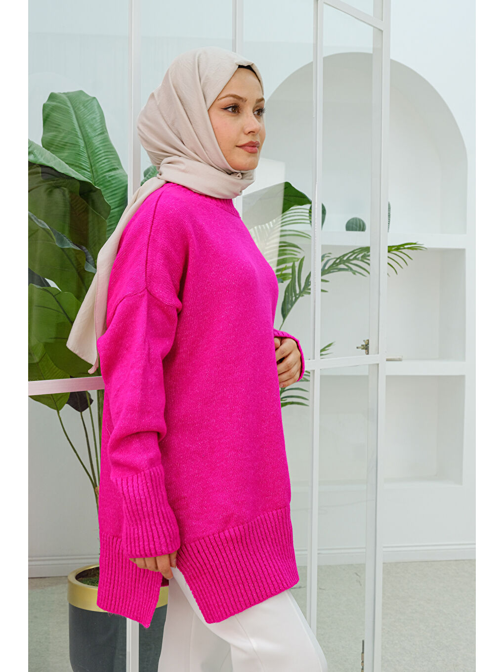 Locco Moda Yırtmaçlı Triko Kazak  Pembe - 1