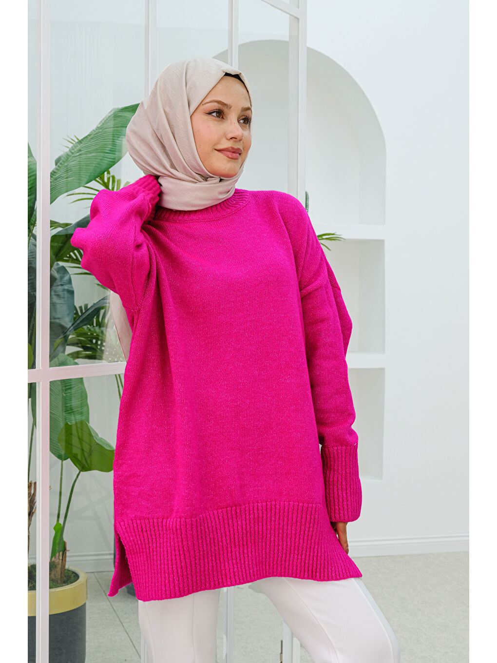 Locco Moda Yırtmaçlı Triko Kazak  Pembe - 2