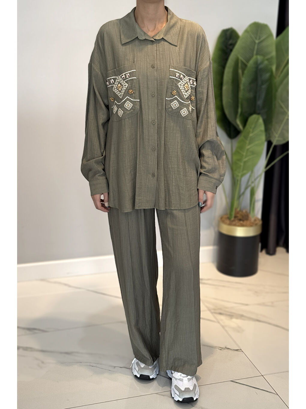 Nakış ve İşleme Detaylı Takım 34839 Haki