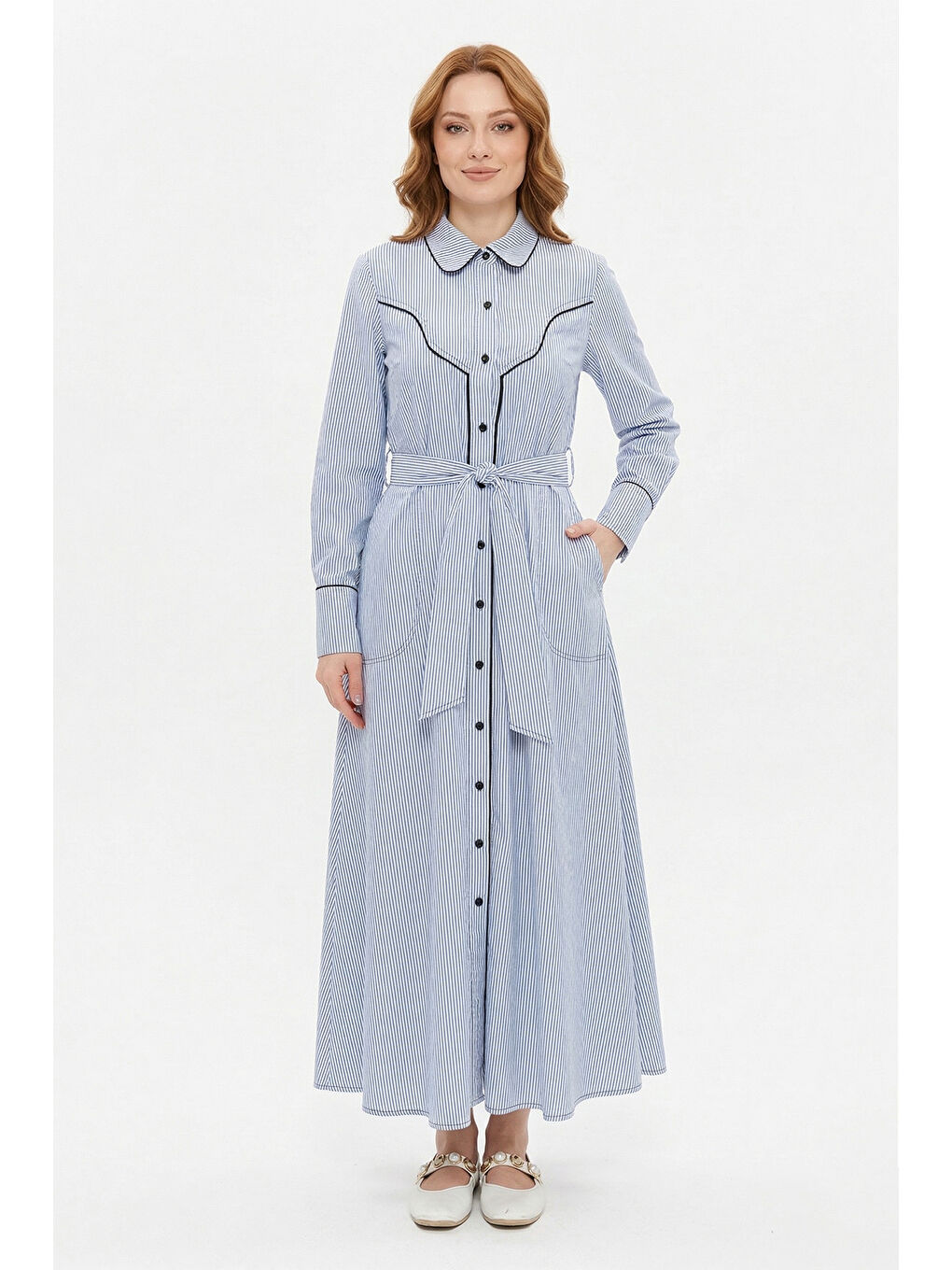 Biye Detay Çizgili Elbise 13270 Lacivert