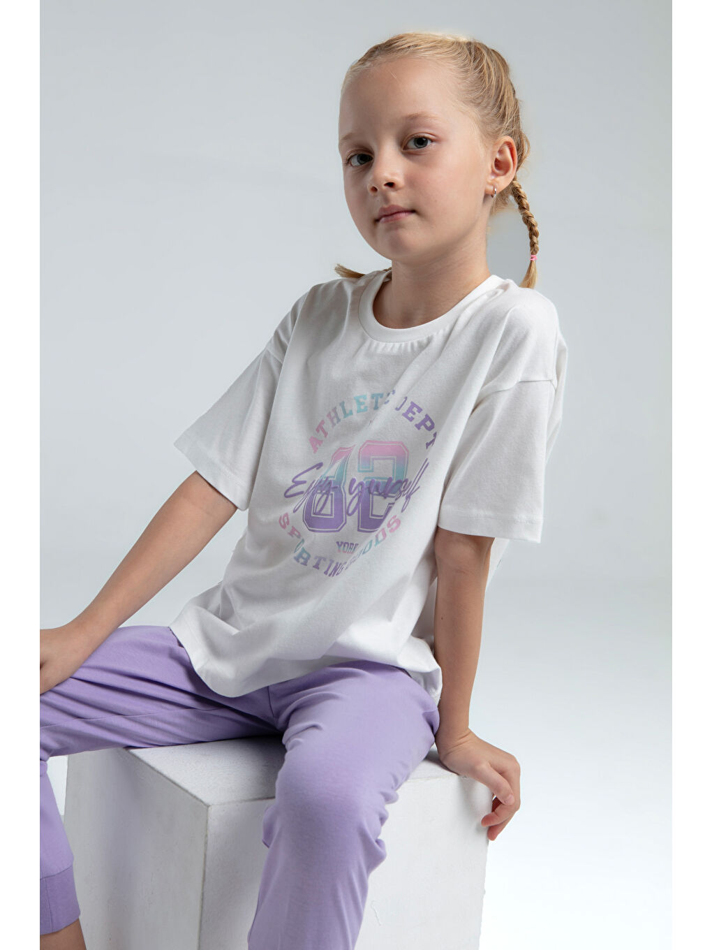 Lila Kız Çocuk Önü Baskılı Pijama Takım-1