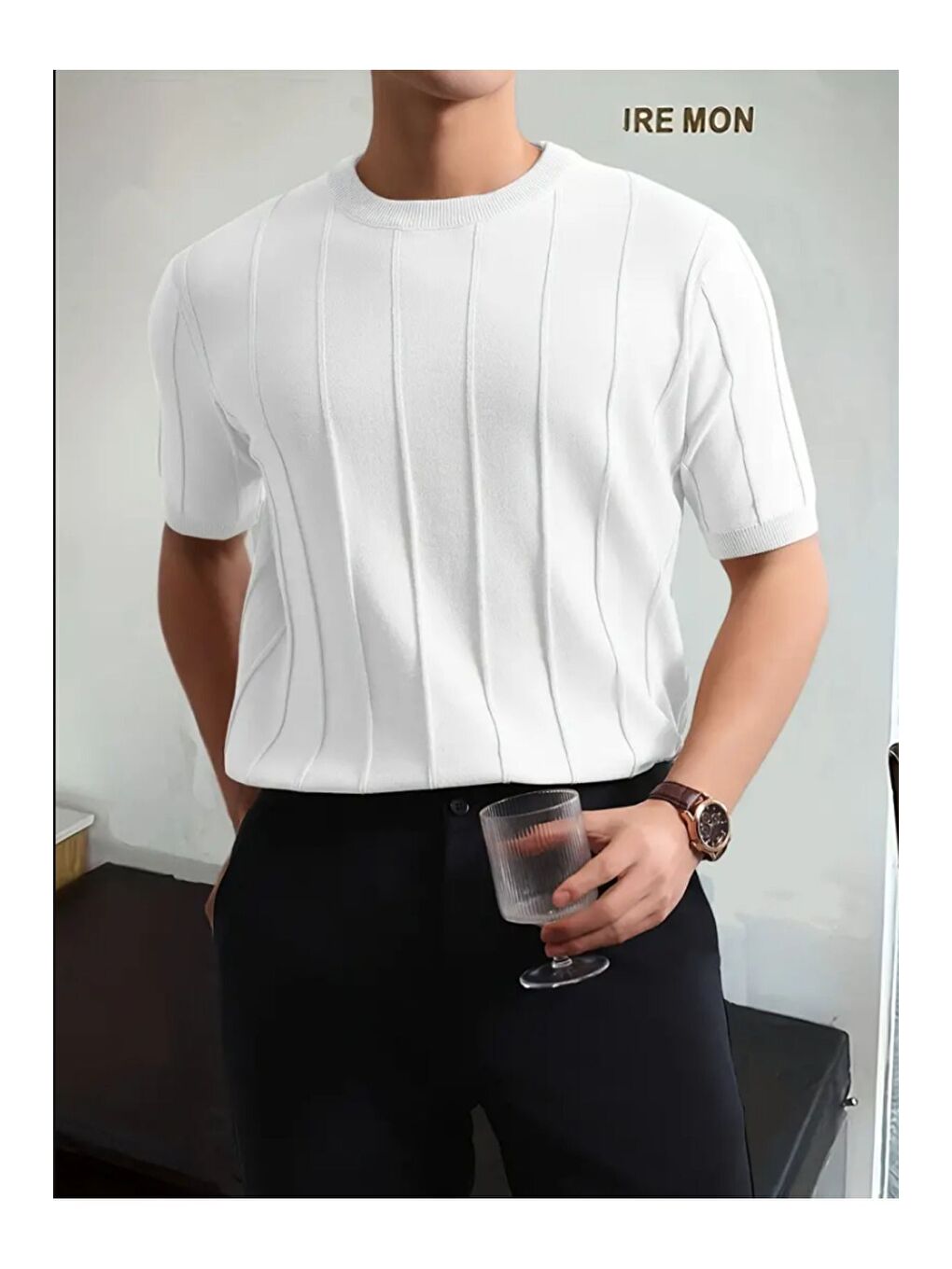 Beyaz Erkek Yuvarlak Yaka Örme T shirt