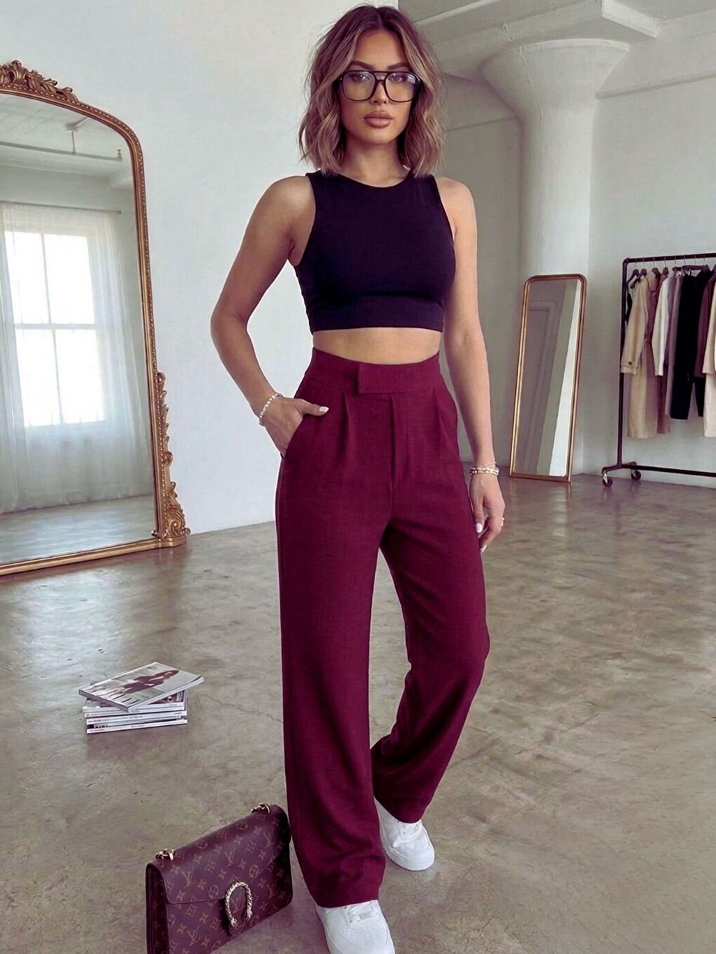 Kadın Bordo Modal Premium Kumaş Cırt Kapama Pantolon