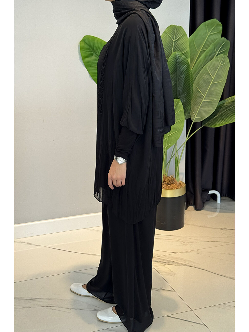 Kolu Sandy Detaylı Zincir Halka İşlemeli Klaşlı Pantolonlu Takım 5912 Siyah-4