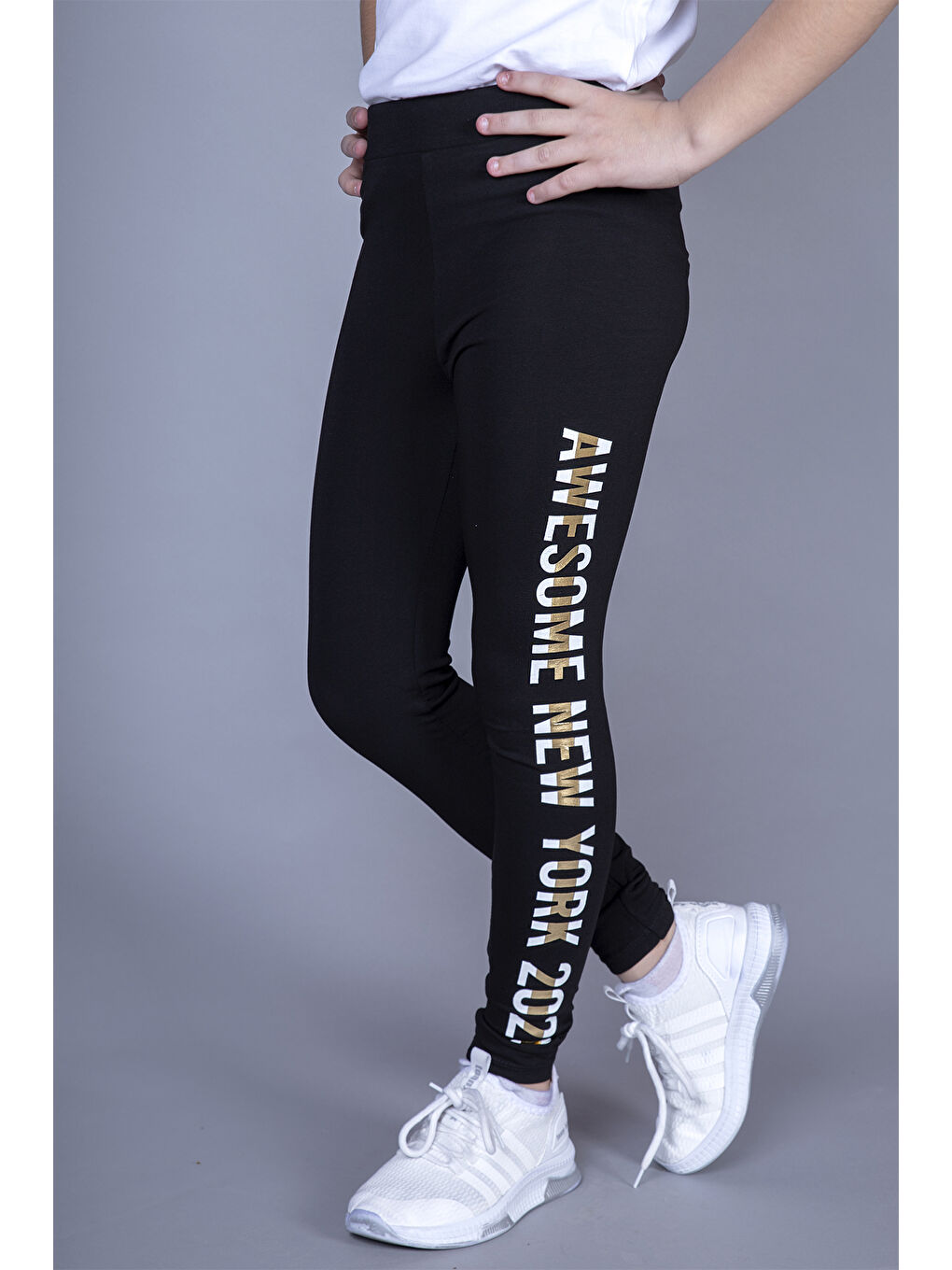 Siyah Kız Çocuk New York Baskılı Tayt-1