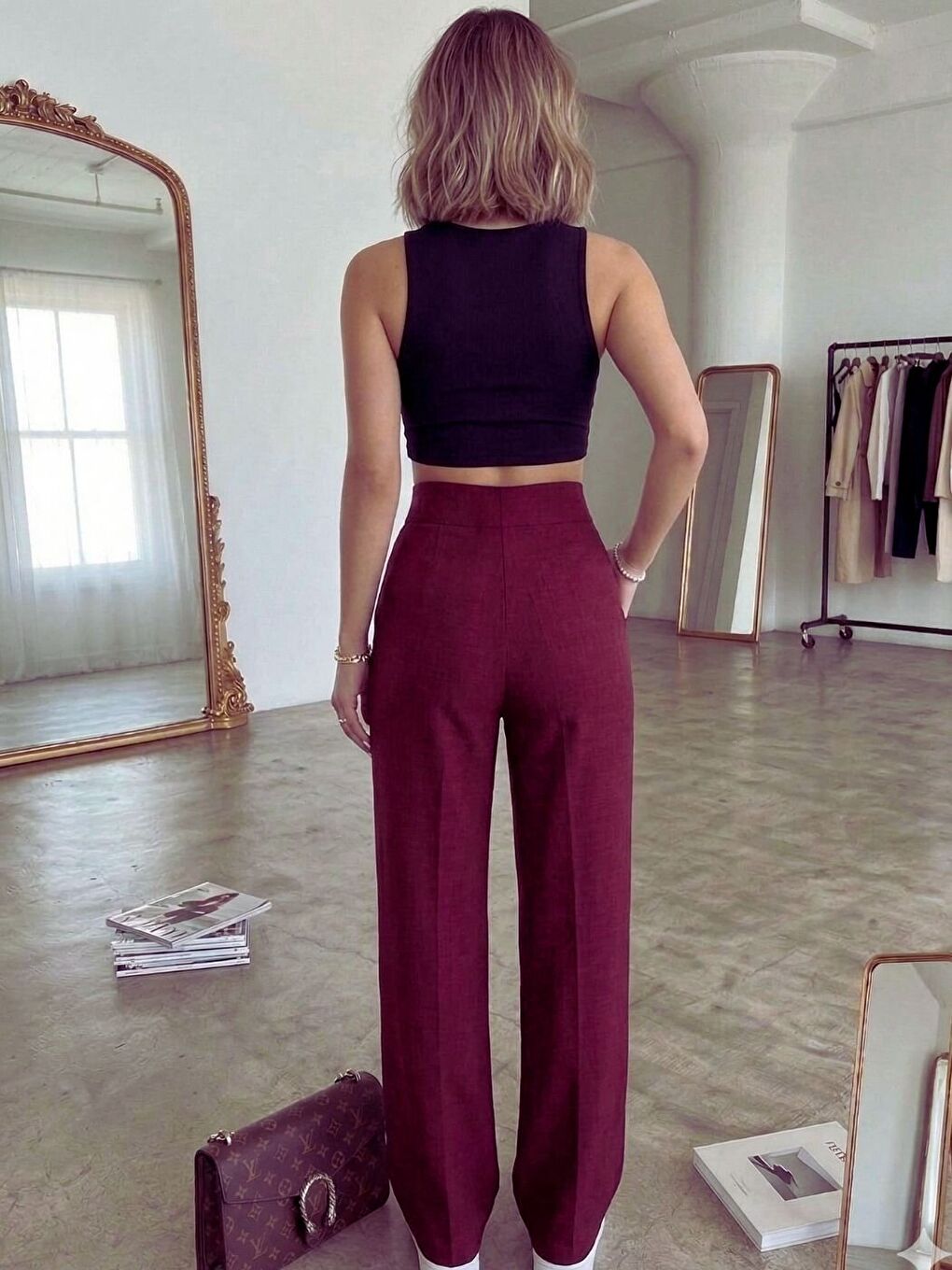 Kadın Bordo Modal Premium Kumaş Cırt Kapama Pantolon-1