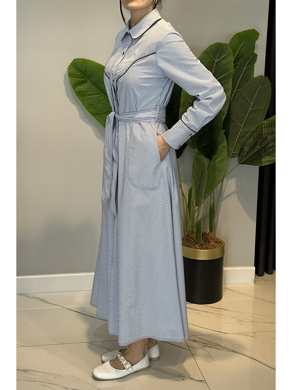 Biye Detay Çizgili Elbise 13270 Lacivert-2