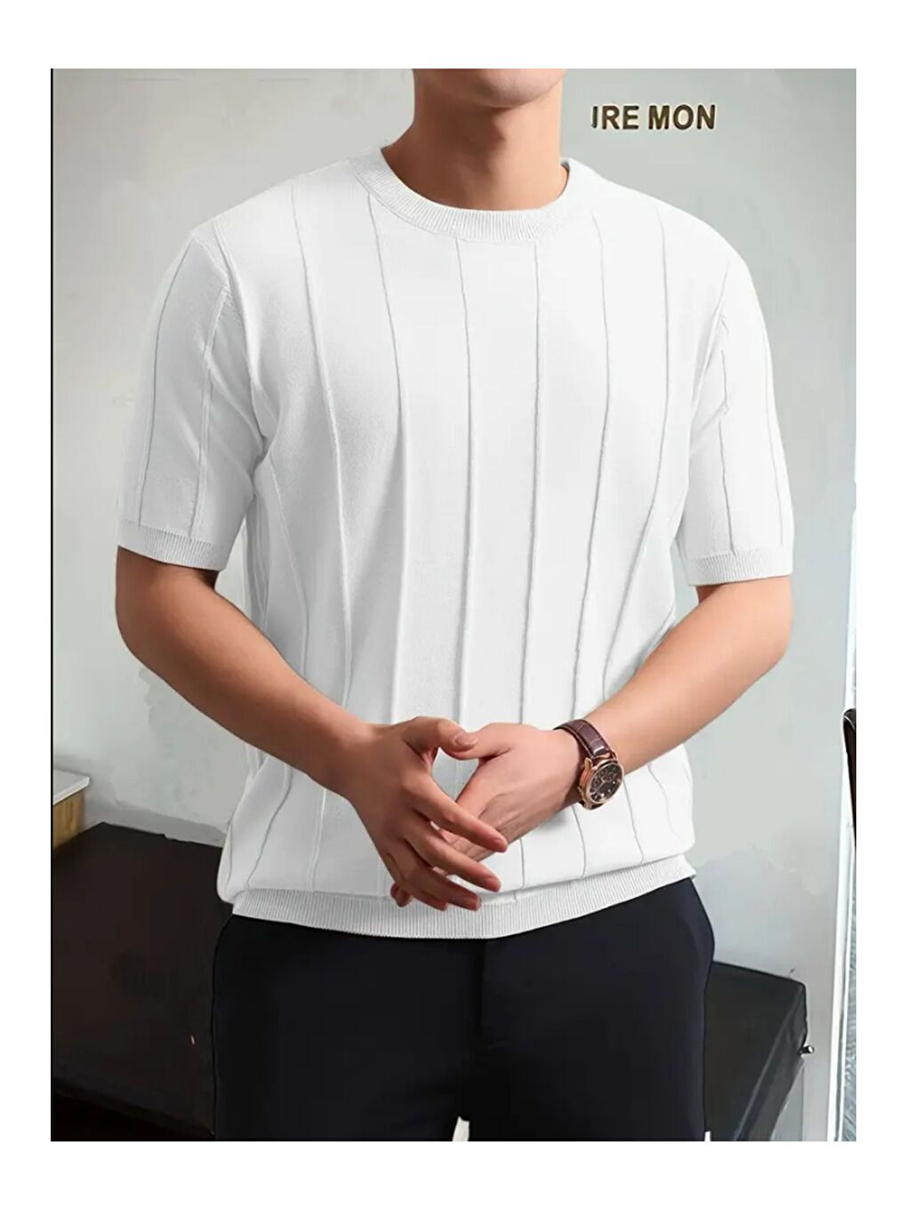 Beyaz Erkek Yuvarlak Yaka Örme T shirt-1