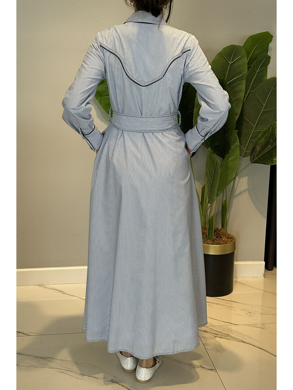 Biye Detay Çizgili Elbise 13270 Lacivert-3