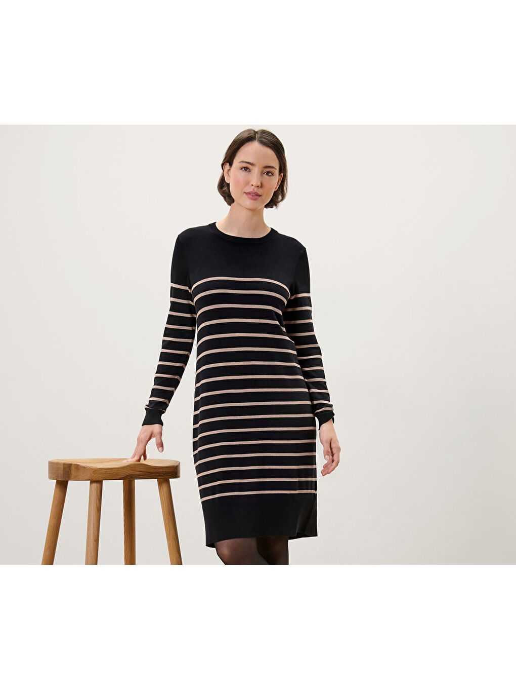 Kadın İnce Örgü Elbise, Siyah Çizgili