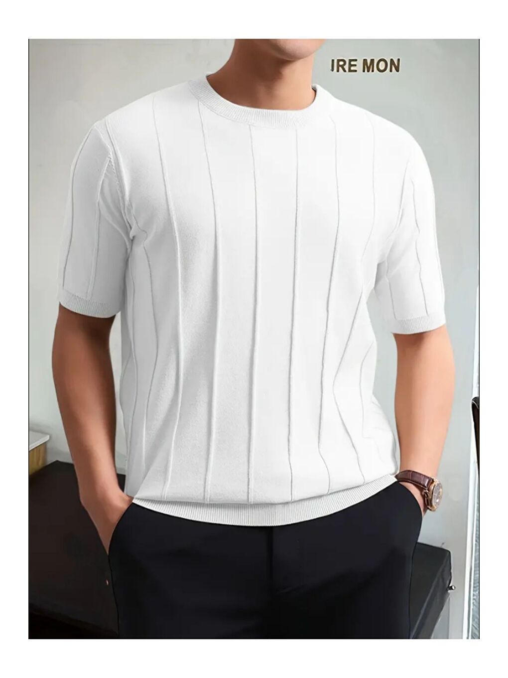 Beyaz Erkek Yuvarlak Yaka Örme T shirt-2