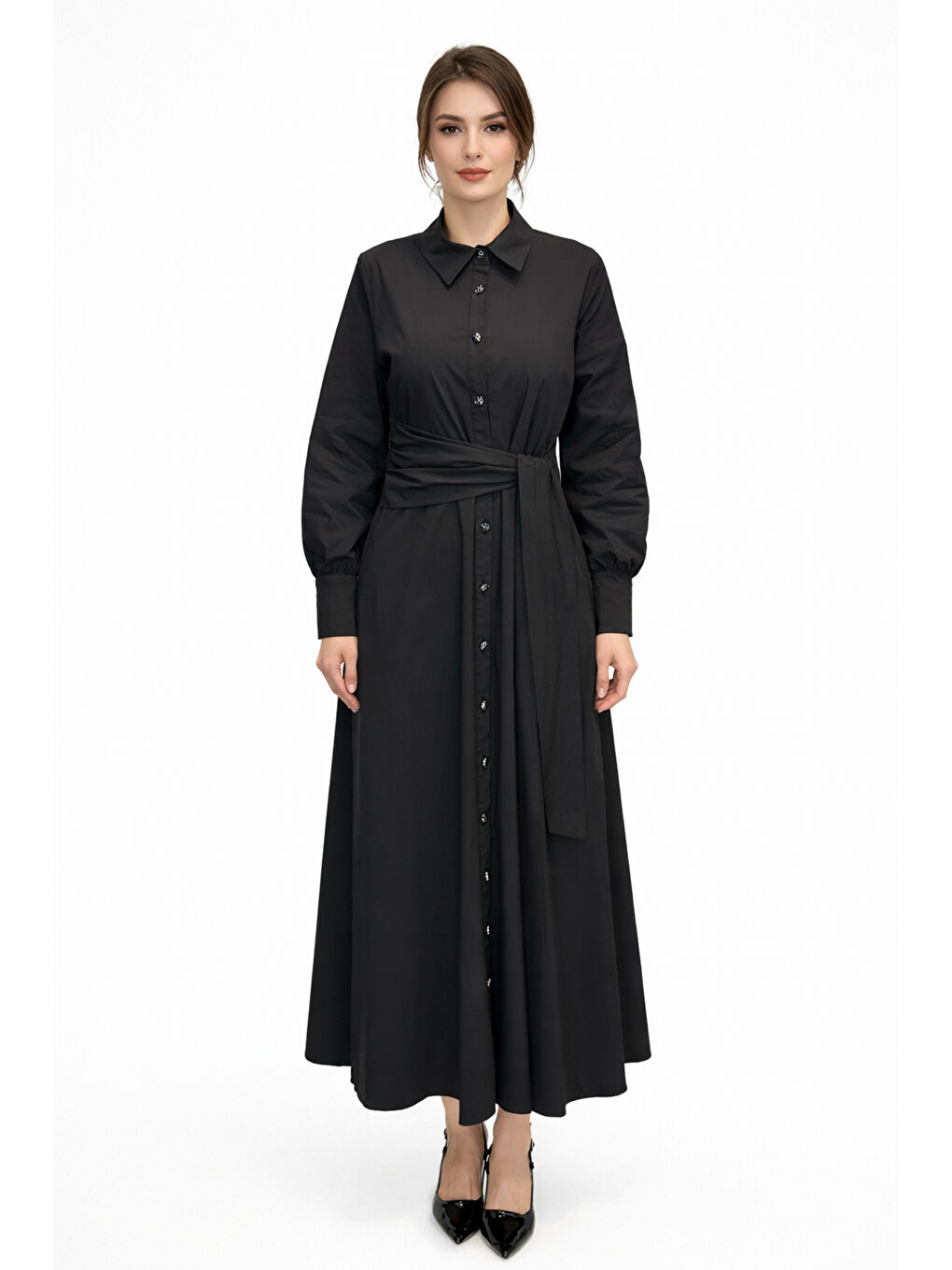 Bağlama Detay Poplin Elbise 13254 Siyah
