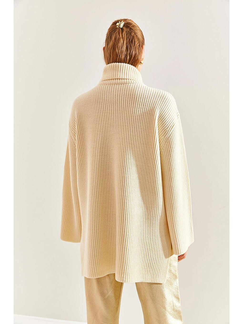 Ekru Kadın Balıkçı Yaka Triko Kazak-2