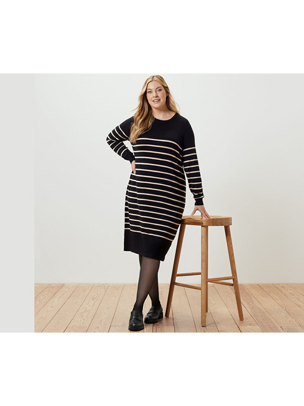 Kadın İnce Örgü Elbise, Siyah Çizgili-1