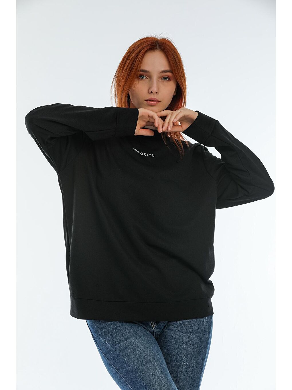 Süperlife Siyah Kadın Bisiklet Yaka Oversize Fit Brooklyn Baskılı Sweatshirt SPR22SWK030 - 1