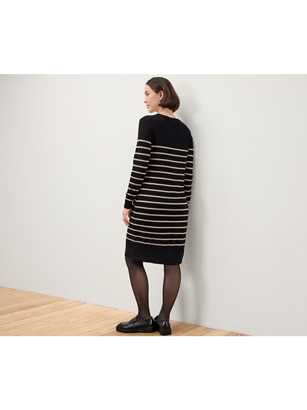 Kadın İnce Örgü Elbise, Siyah Çizgili-2