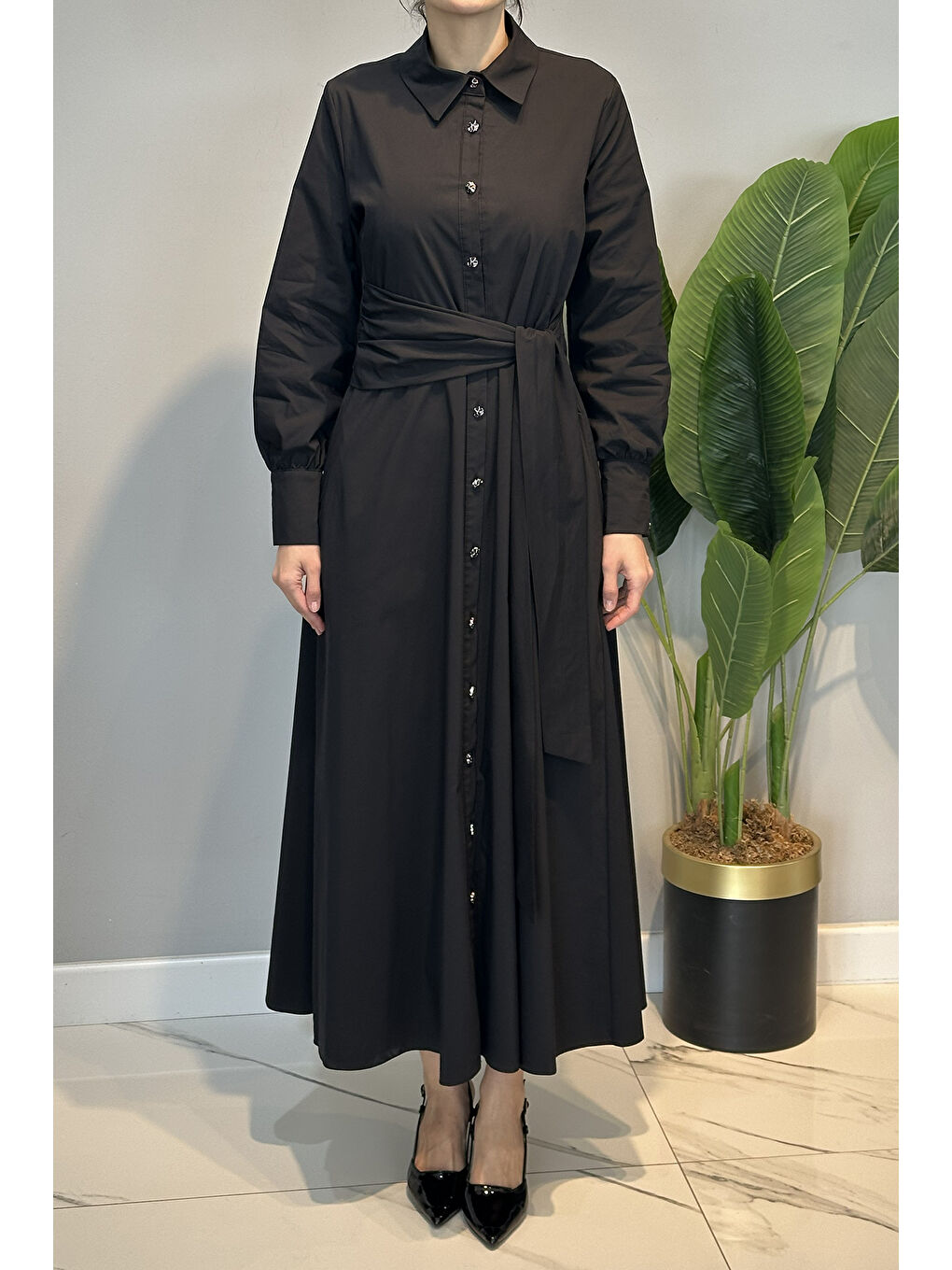 Bağlama Detay Poplin Elbise 13254 Siyah-1