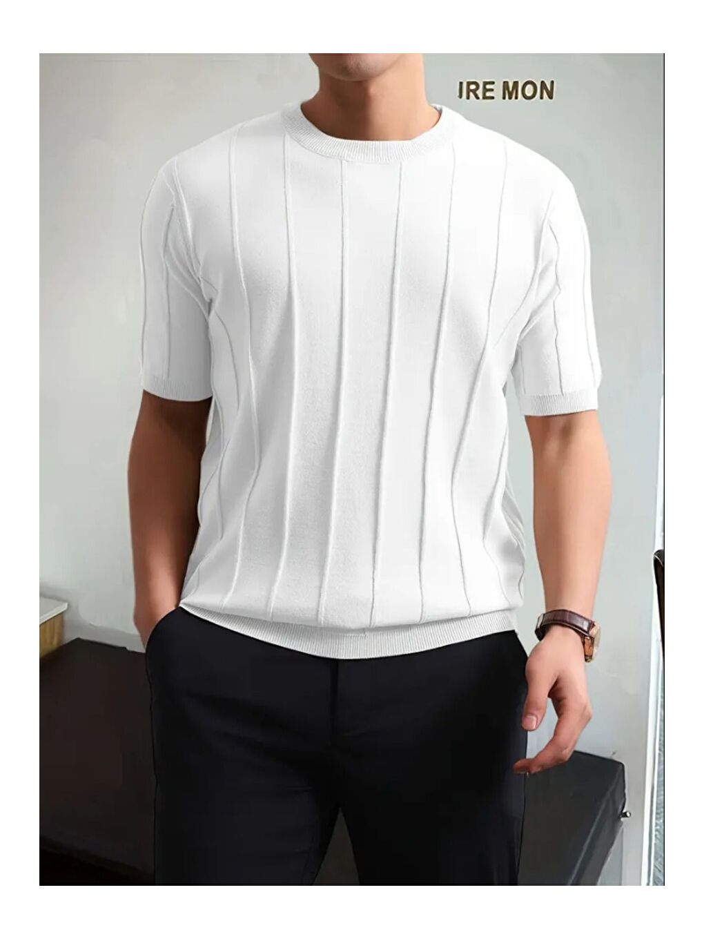 Beyaz Erkek Yuvarlak Yaka Örme T shirt-4