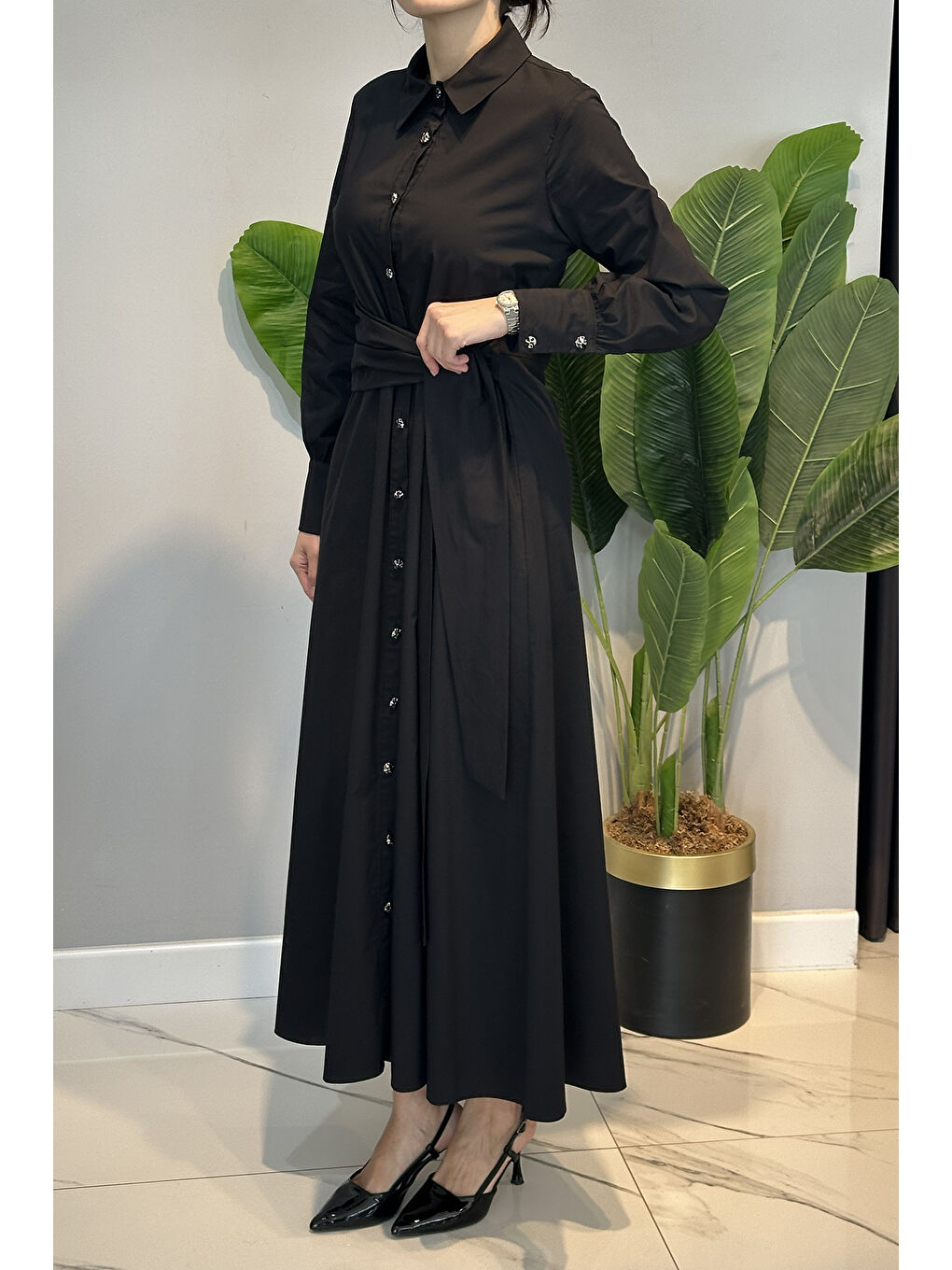 Bağlama Detay Poplin Elbise 13254 Siyah-3