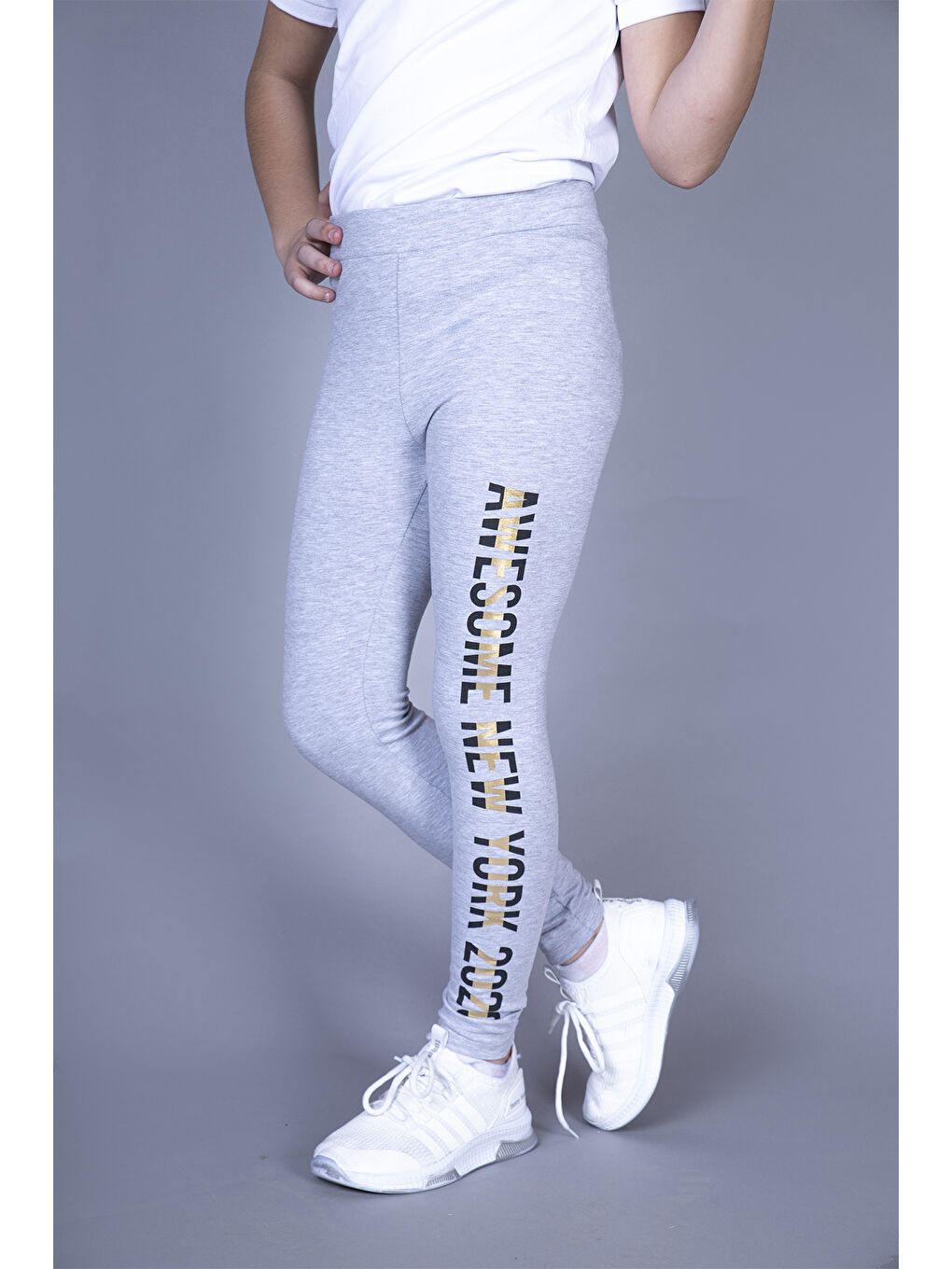 Gri Kız Çocuk New York Baskılı Tayt