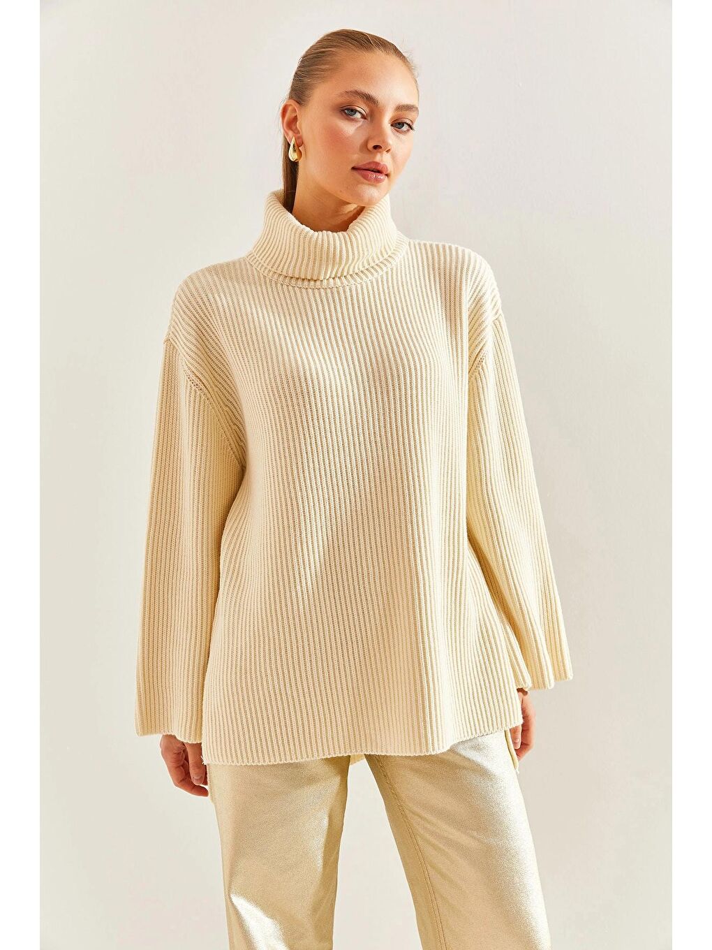 Ekru Kadın Balıkçı Yaka Triko Kazak-4