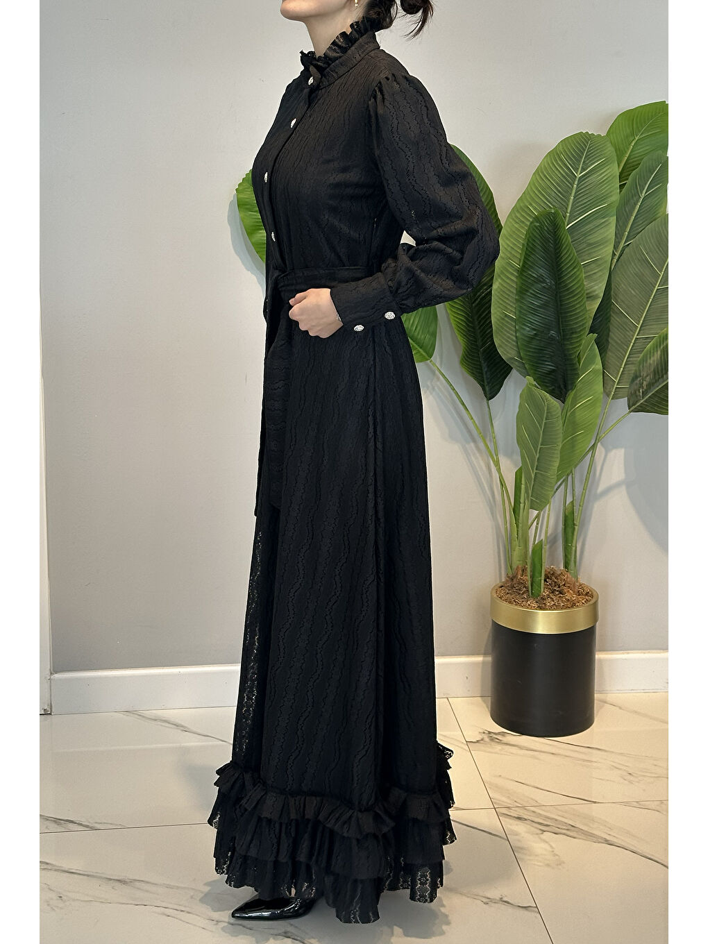 Eteği Fırfır Detay Elbise 13261 Siyah-2