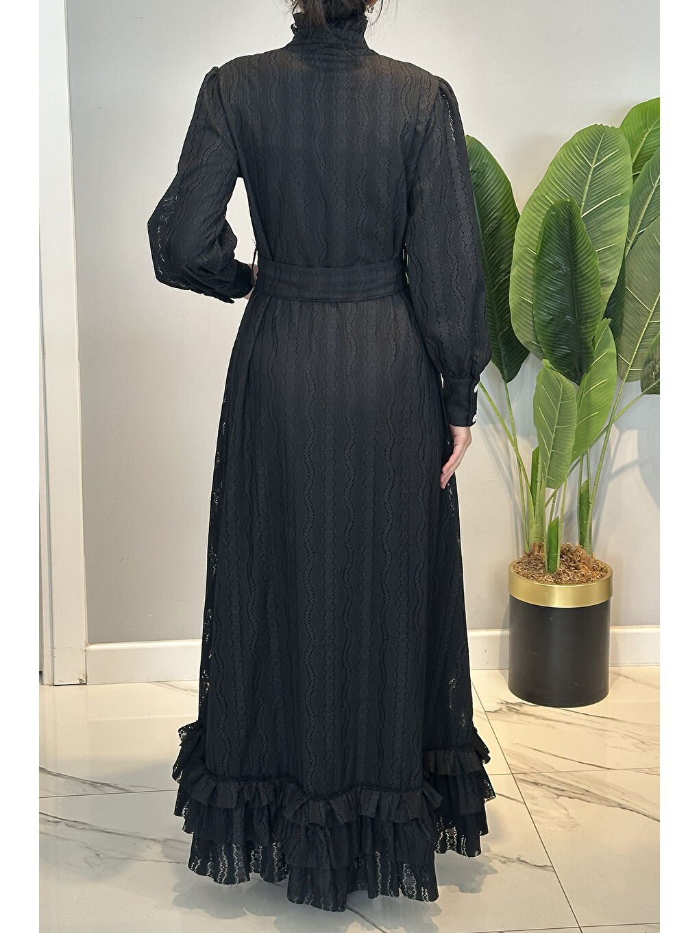 Eteği Fırfır Detay Elbise 13261 Siyah-3