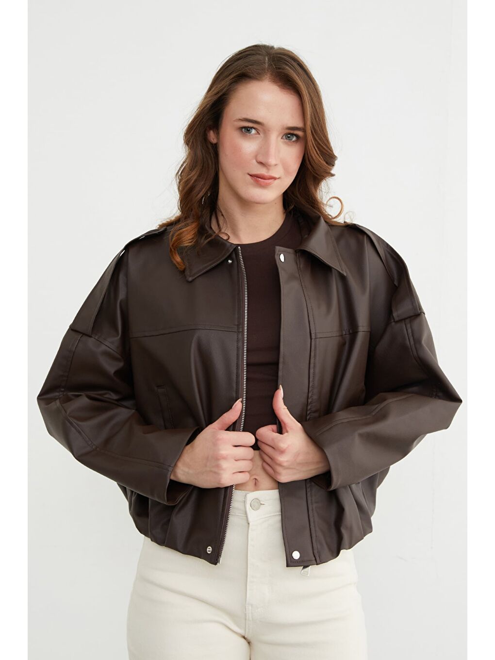 Kahverengi Omuz Detaylı Suni Deri Ceket-2