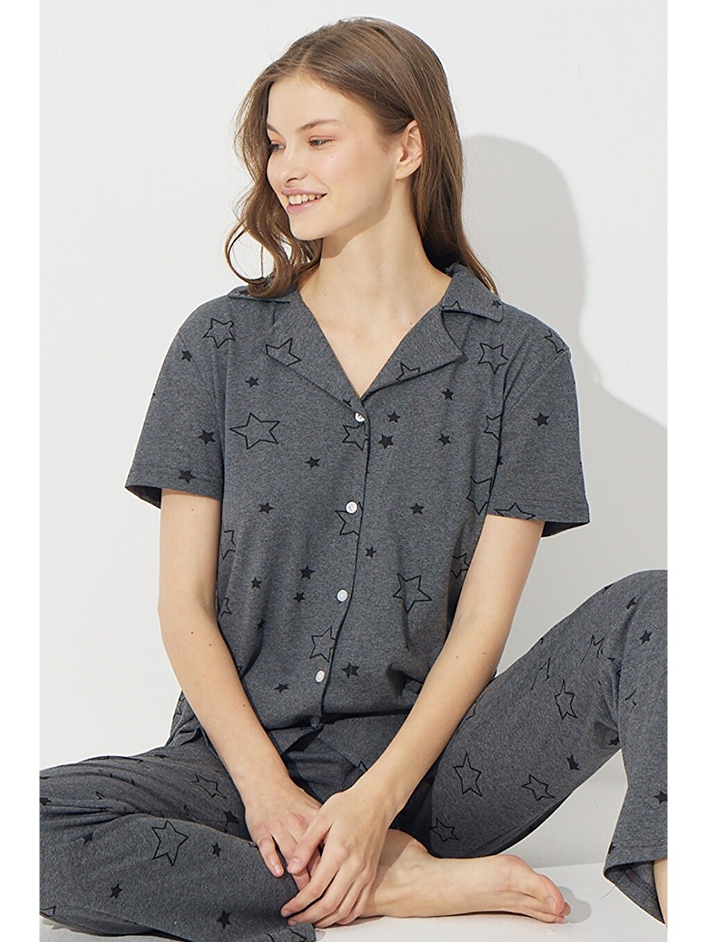 Antrasit Kısa Kollu Pamuklu Düğmeli Pijama Takımı