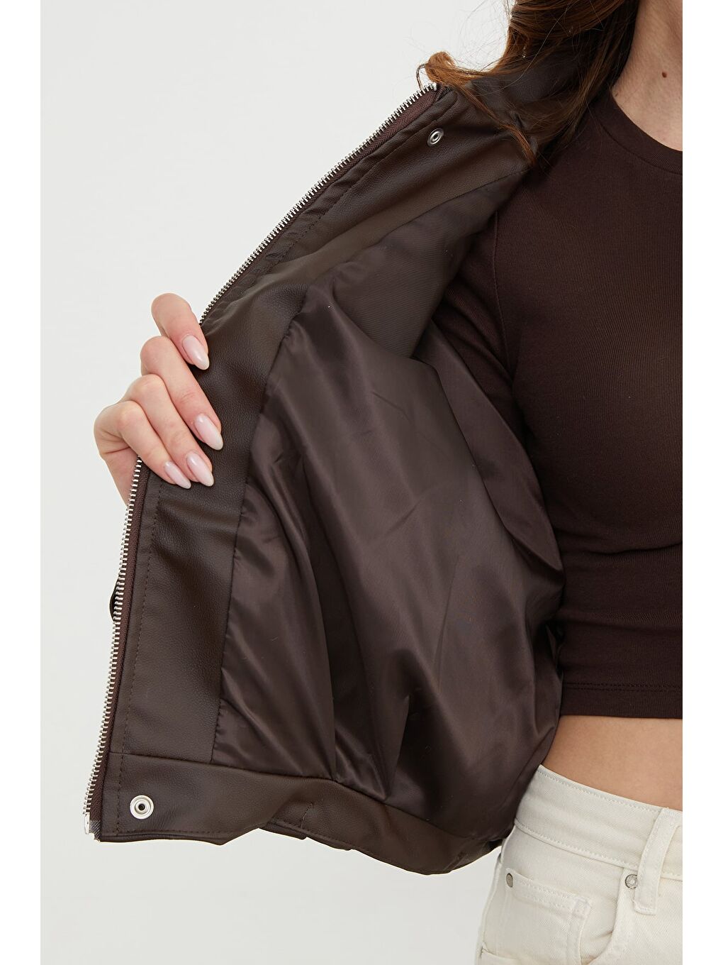 Kahverengi Omuz Detaylı Suni Deri Ceket-3