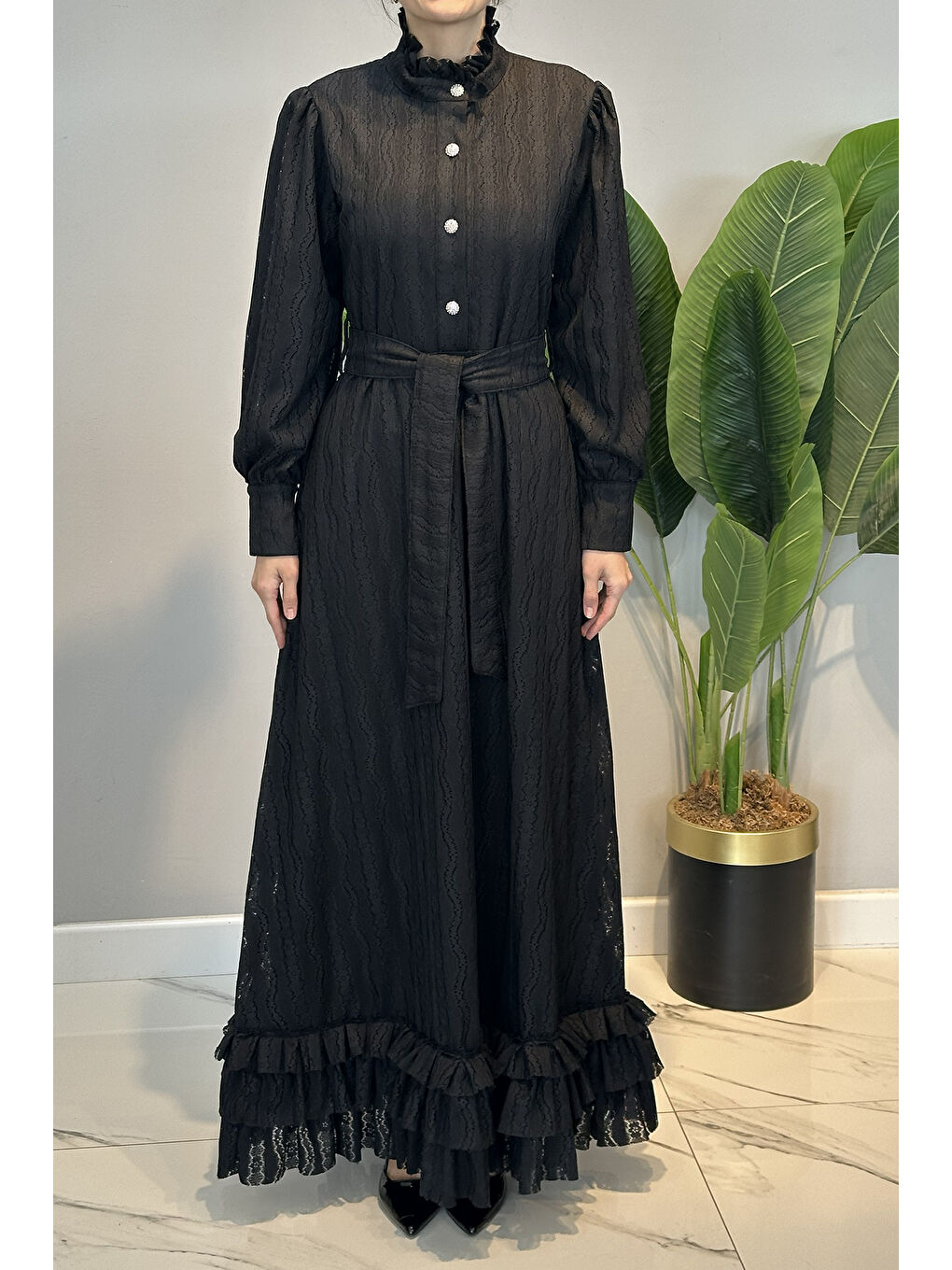 Eteği Fırfır Detay Elbise 13261 Siyah-4