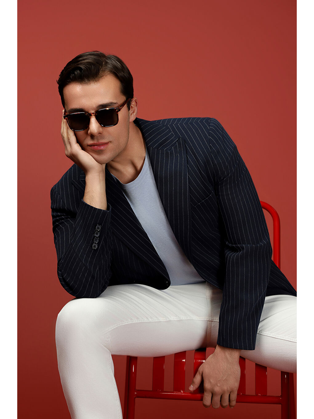 Lacivert Super Slim Fit Ekstra Dar Kesim Çizgili Elastanlı Spor Ceket