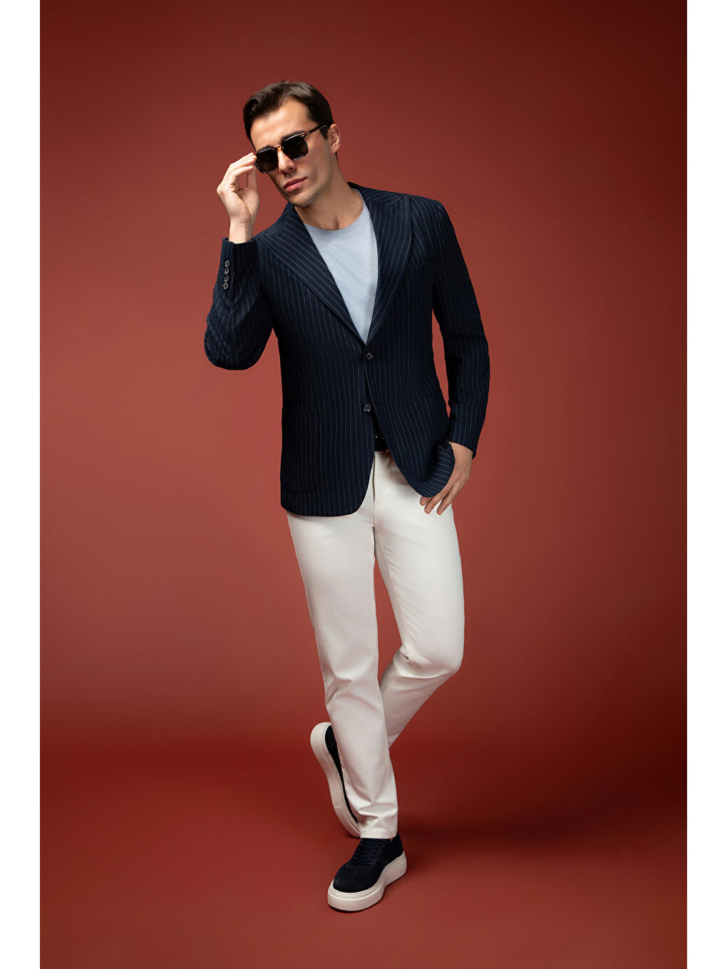 Lacivert Super Slim Fit Ekstra Dar Kesim Çizgili Elastanlı Spor Ceket-1