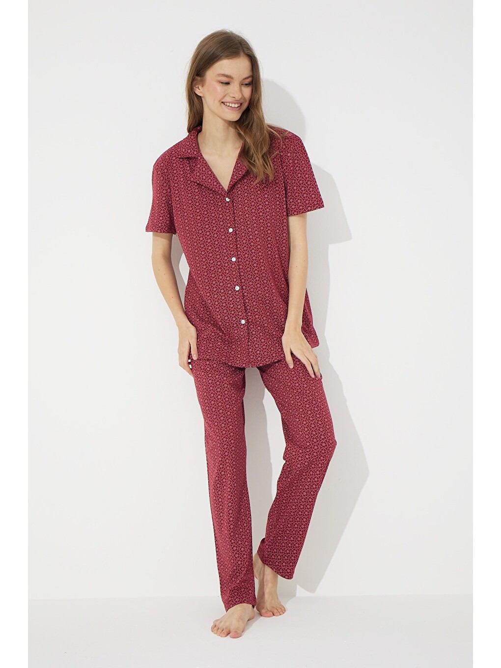 Karışık Kısa Kollu Pamuklu Düğmeli Pijama Takımı-1