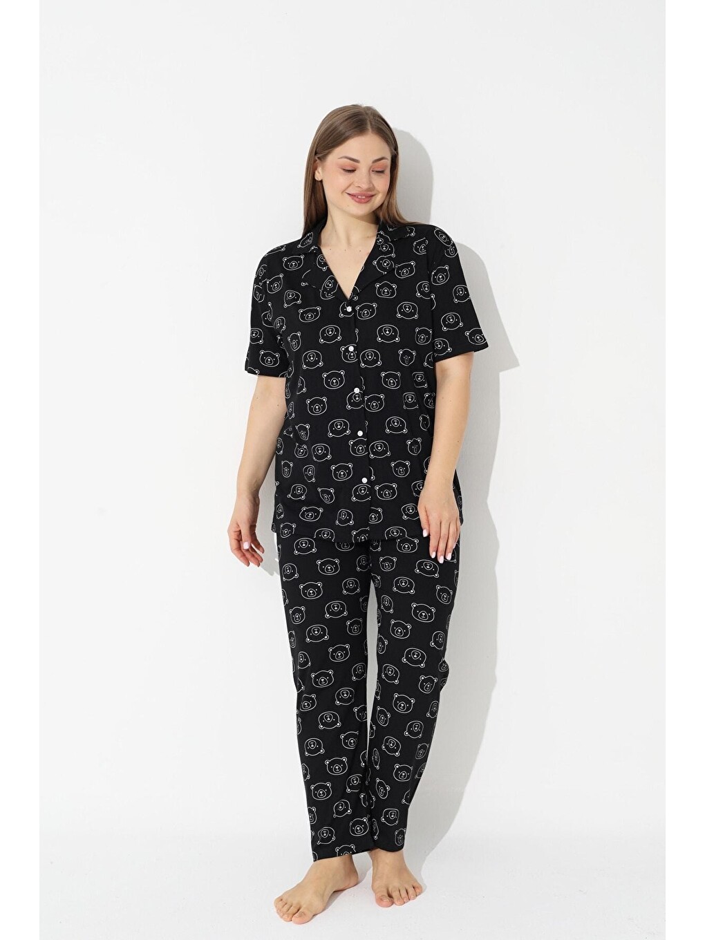 Siyah Curve Büyük Beden Battal Boy Kısa Kollu Düğmeli Pamuklu Pijama Takımı-1