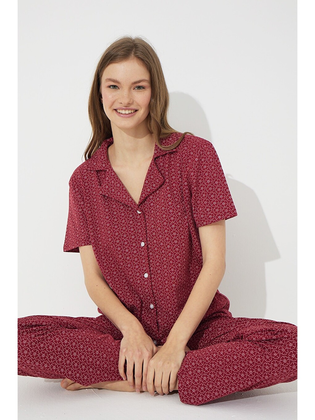 Karışık Kısa Kollu Pamuklu Düğmeli Pijama Takımı-2