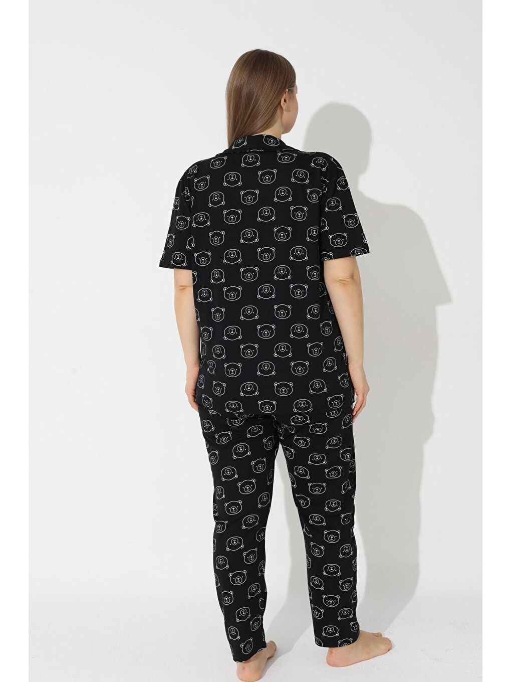 Siyah Curve Büyük Beden Battal Boy Kısa Kollu Düğmeli Pamuklu Pijama Takımı-2