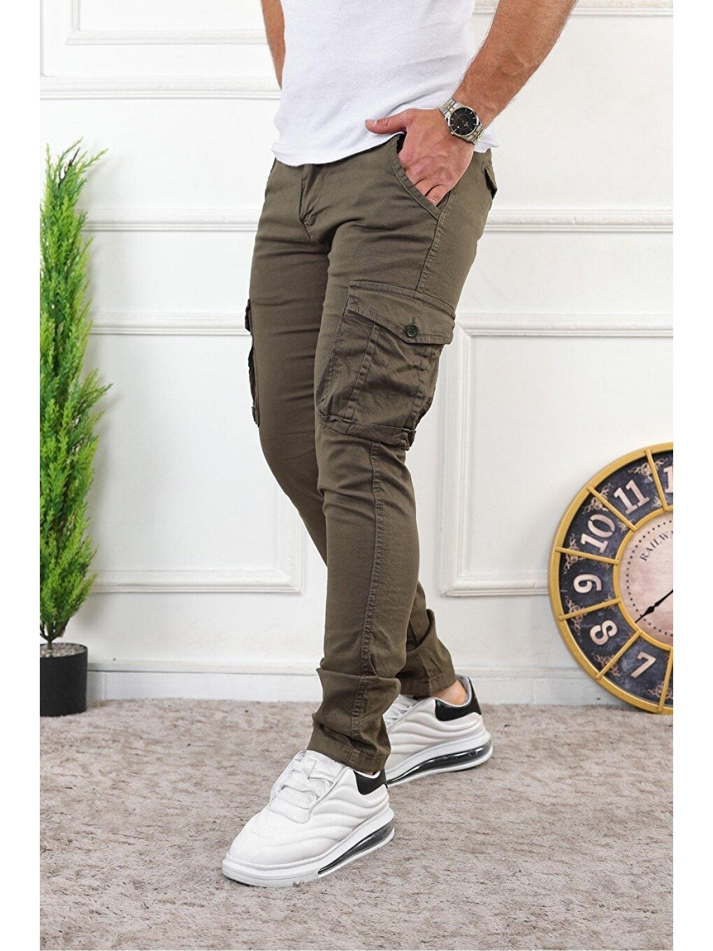 Haki Erkek Slim Fit Kargo Cepli Pantolon-1