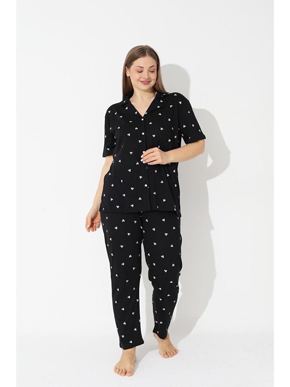 Karışık Curve Büyük Beden Battal Boy Kısa Kollu Düğmeli Pamuklu Pijama Takımı-1