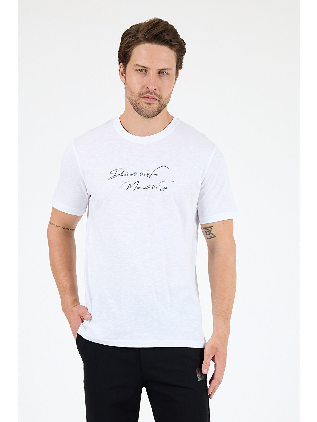 Beyaz Erkek %100 Pamuk Bisiklet Yaka Kısa Kollu Baskılı Tişört Rahat ve Günlük Erkek Tişört 0011-2