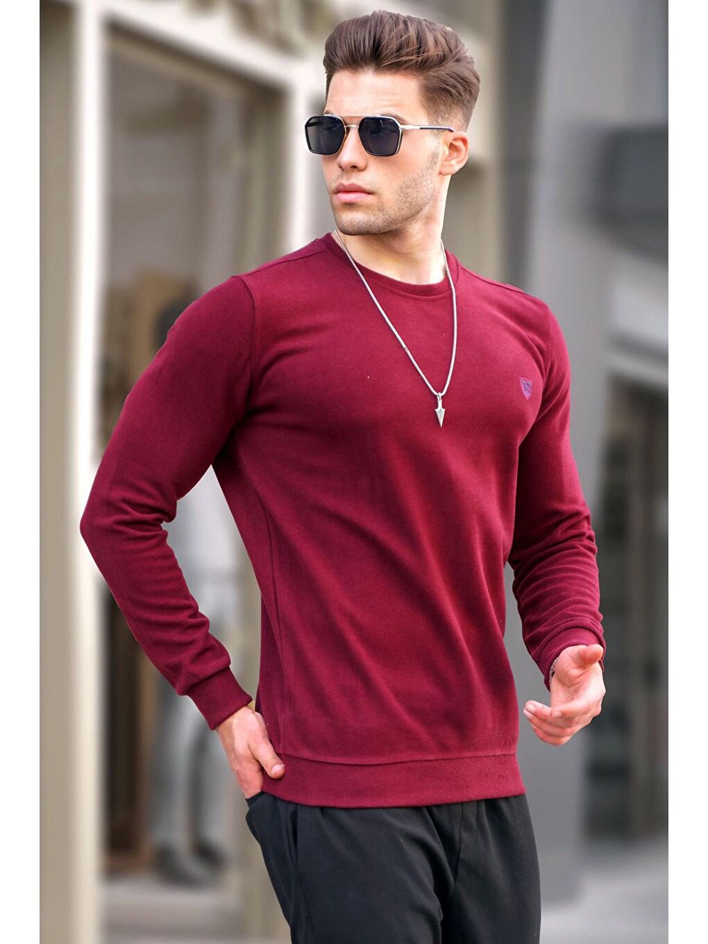 Bordo Bisiklet Yaka Regular Fit Basic Sweatshirt 5799-1