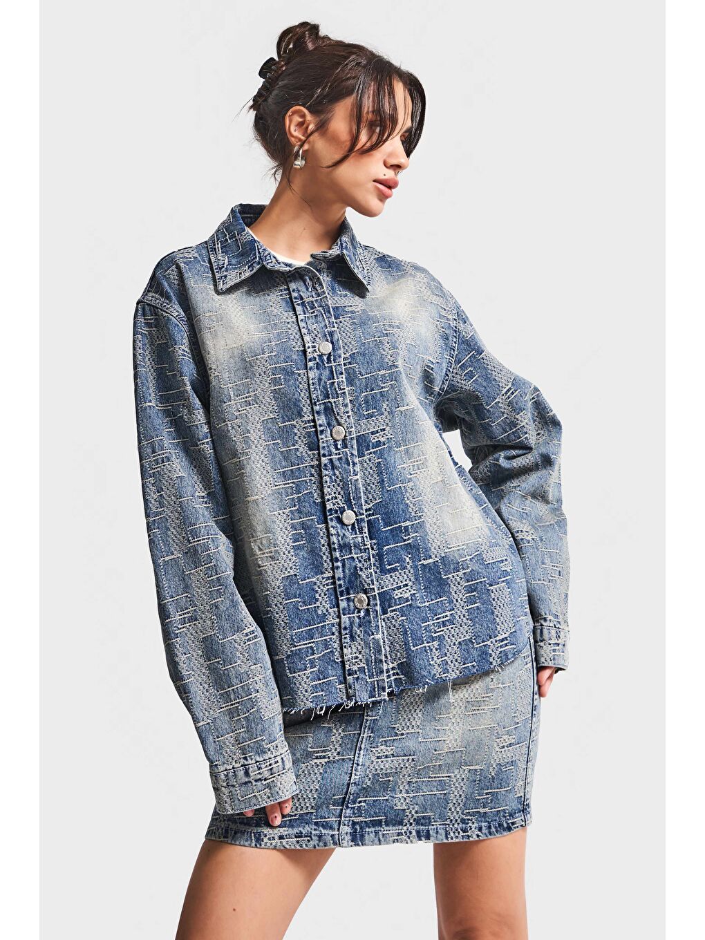 Mavi Kadın Jean Rengi 4w5-32 Oversize Özel Kumaş Bol Kesim Tasarım Denim Ceket-1