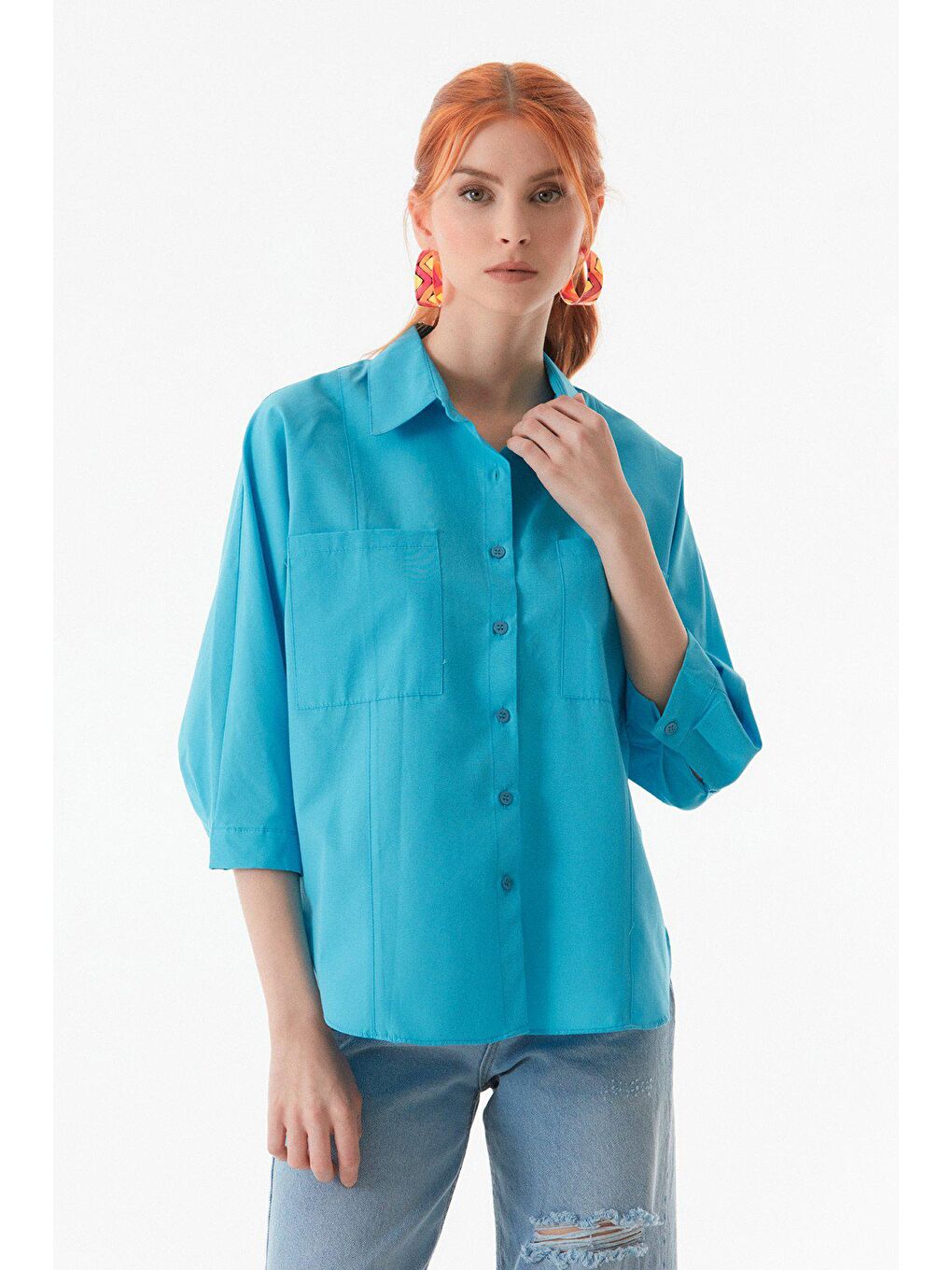 Mavi Basic Çift Cepli Oversize Gömlek