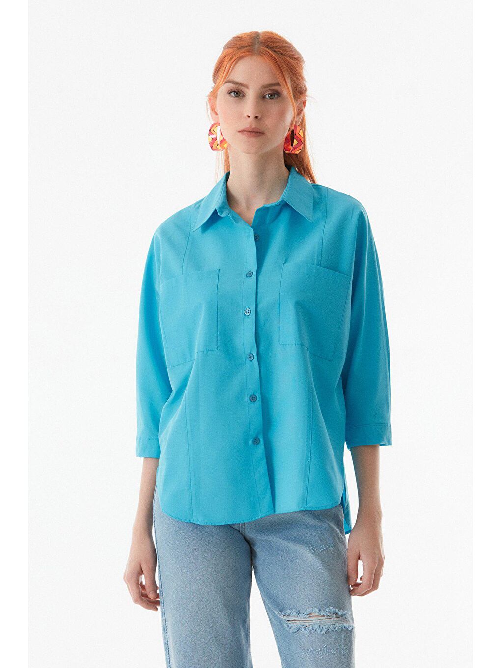 Mavi Basic Çift Cepli Oversize Gömlek-1