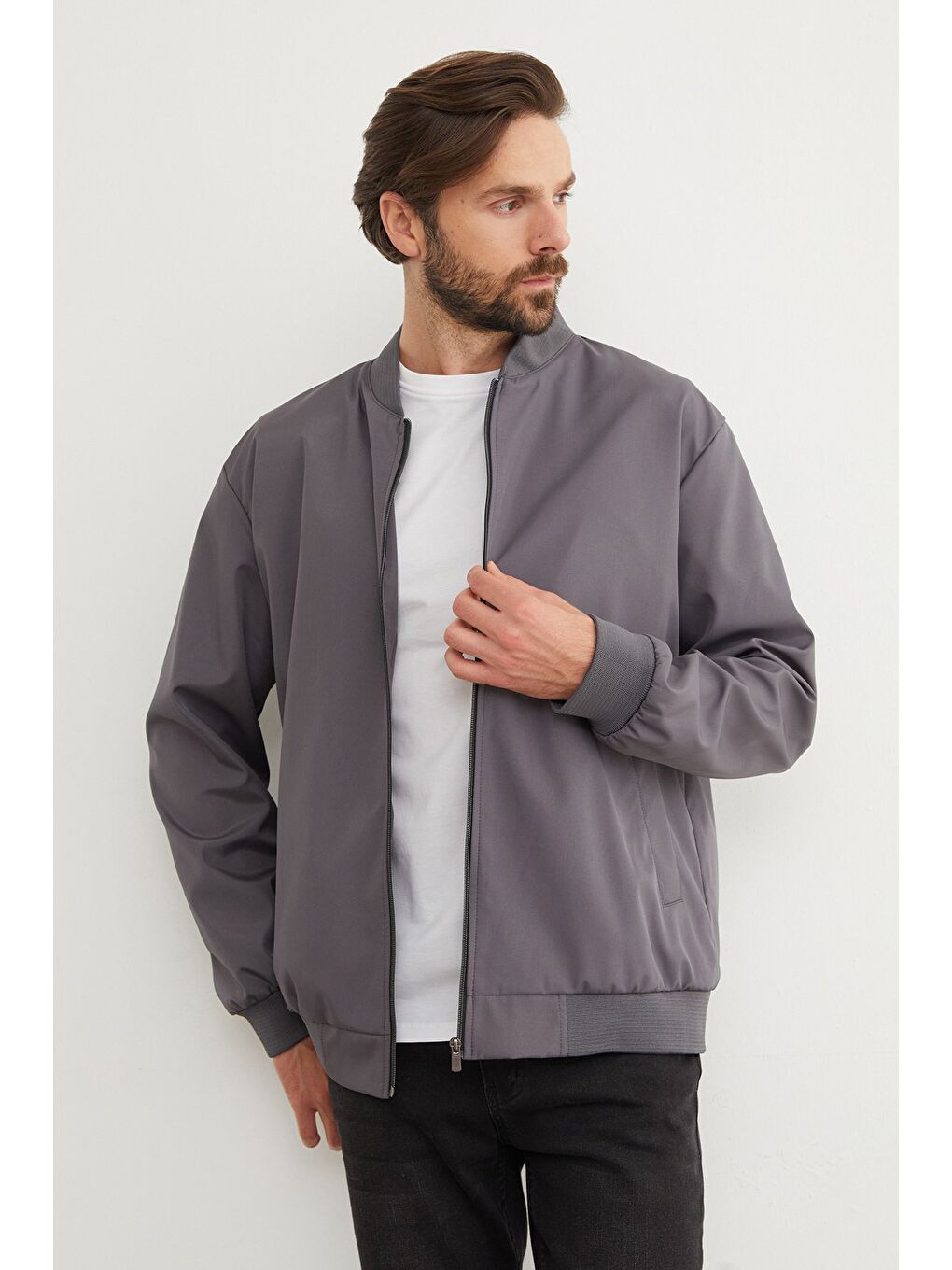 Gri Scuba Kumaş Fermuarlı Bomber Ceket