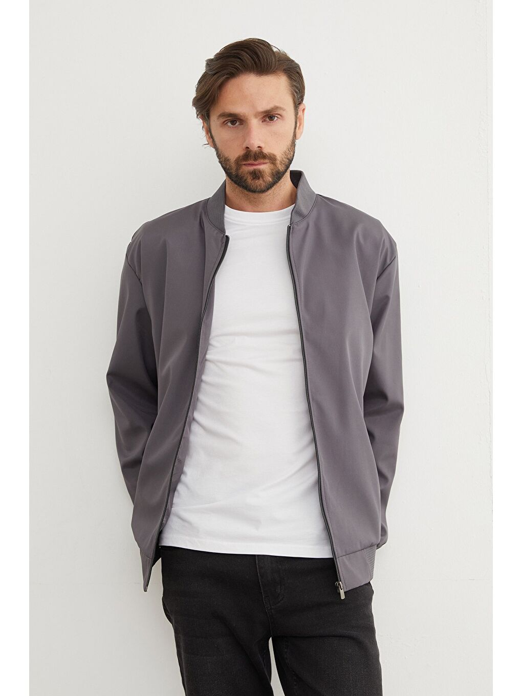 Gri Scuba Kumaş Fermuarlı Bomber Ceket-1