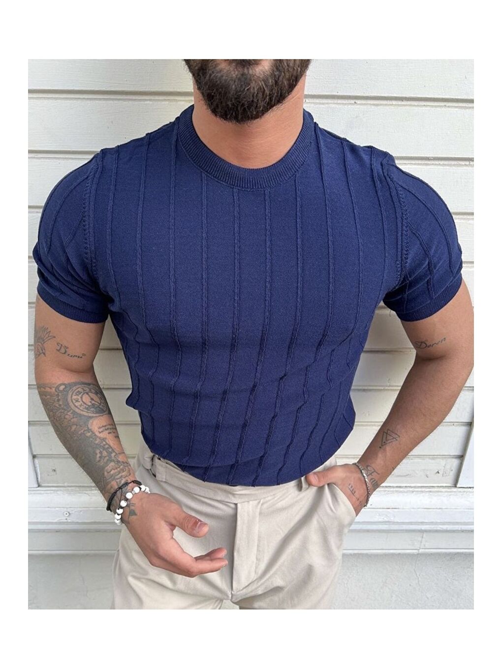 Lacivert Erkek Yuvarlak Yaka Örme T shirt